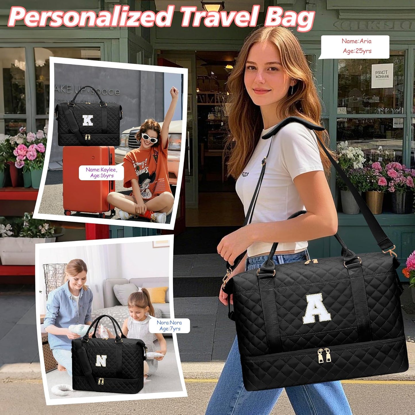 Gifts for Women Girls Initial Travel Duffle Bag Quilted Weekender Carry-On Overnight with Cosmetic Bag, Gym Bag with Shoe Compartment, Black K