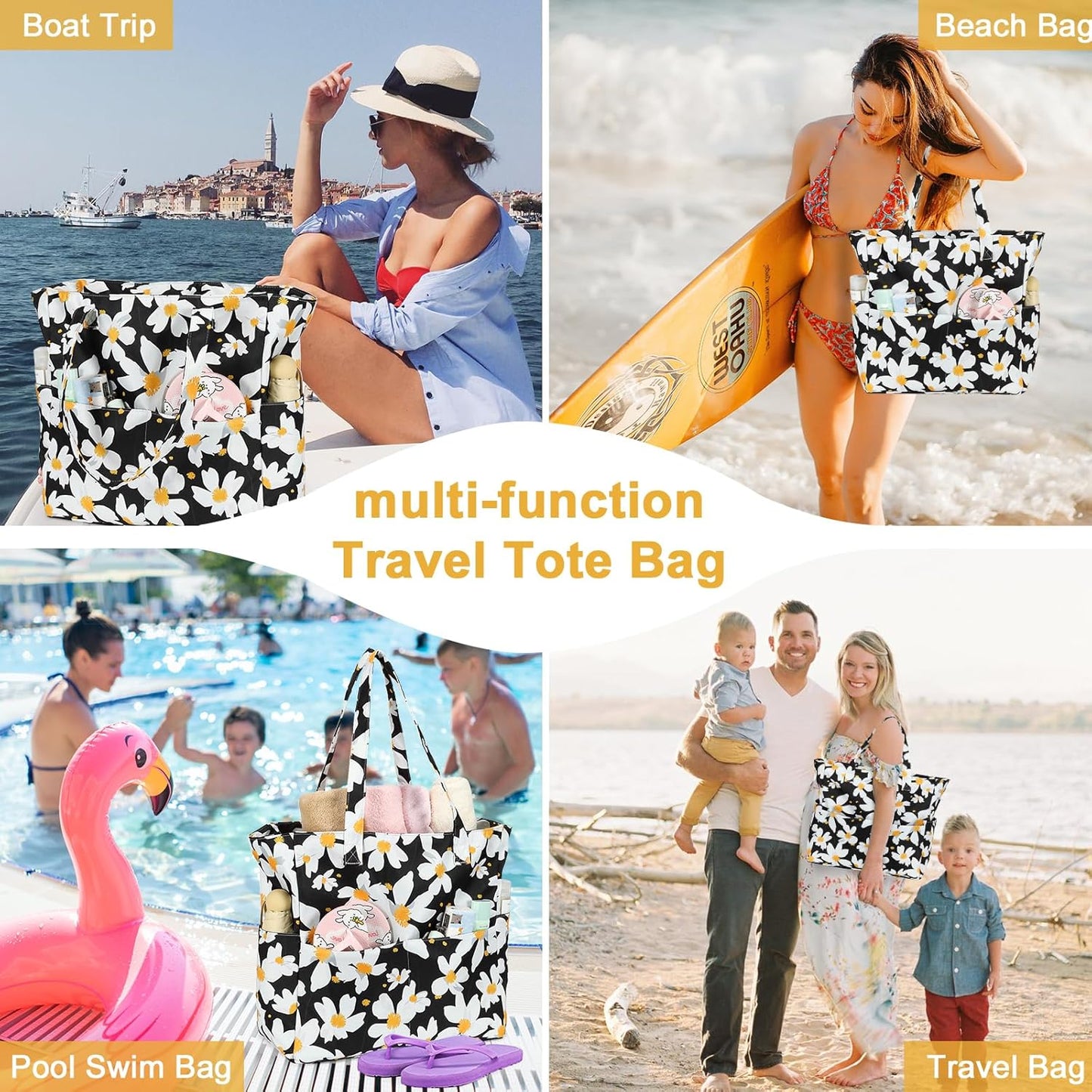 LEDAOU Beach Bag Waterproof Sandproof Women Tote Bag Pool Bag with Zipper for Gym Grocery Travel with Wet Pocket