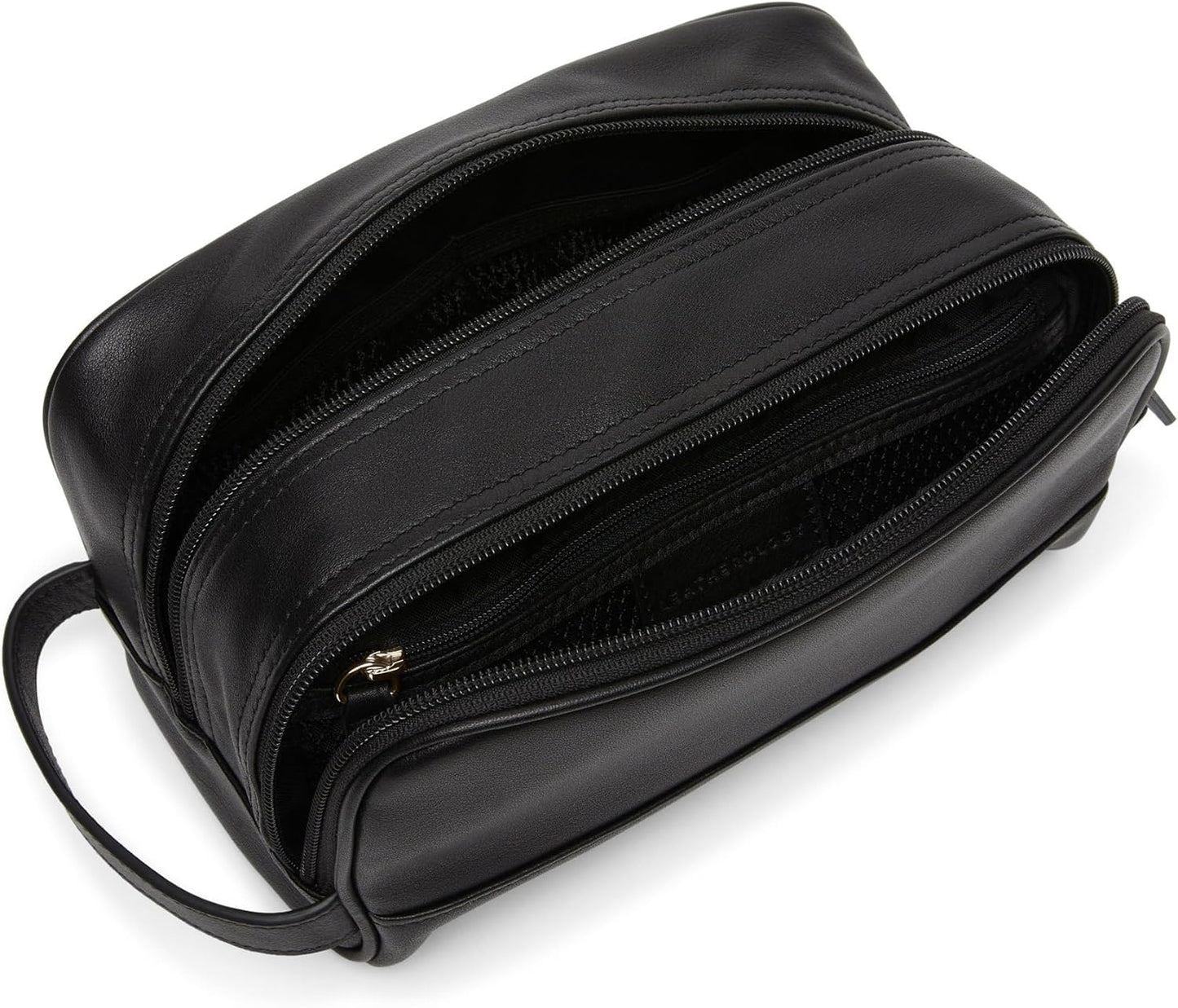 Leatherology Black Onyx Leather Toiletry Bag – Small Double Zip Dopp Kit – Full Grain Leather Travel Organizer with Water-Resistant Lining – Compact Grooming Bag for Men or Women