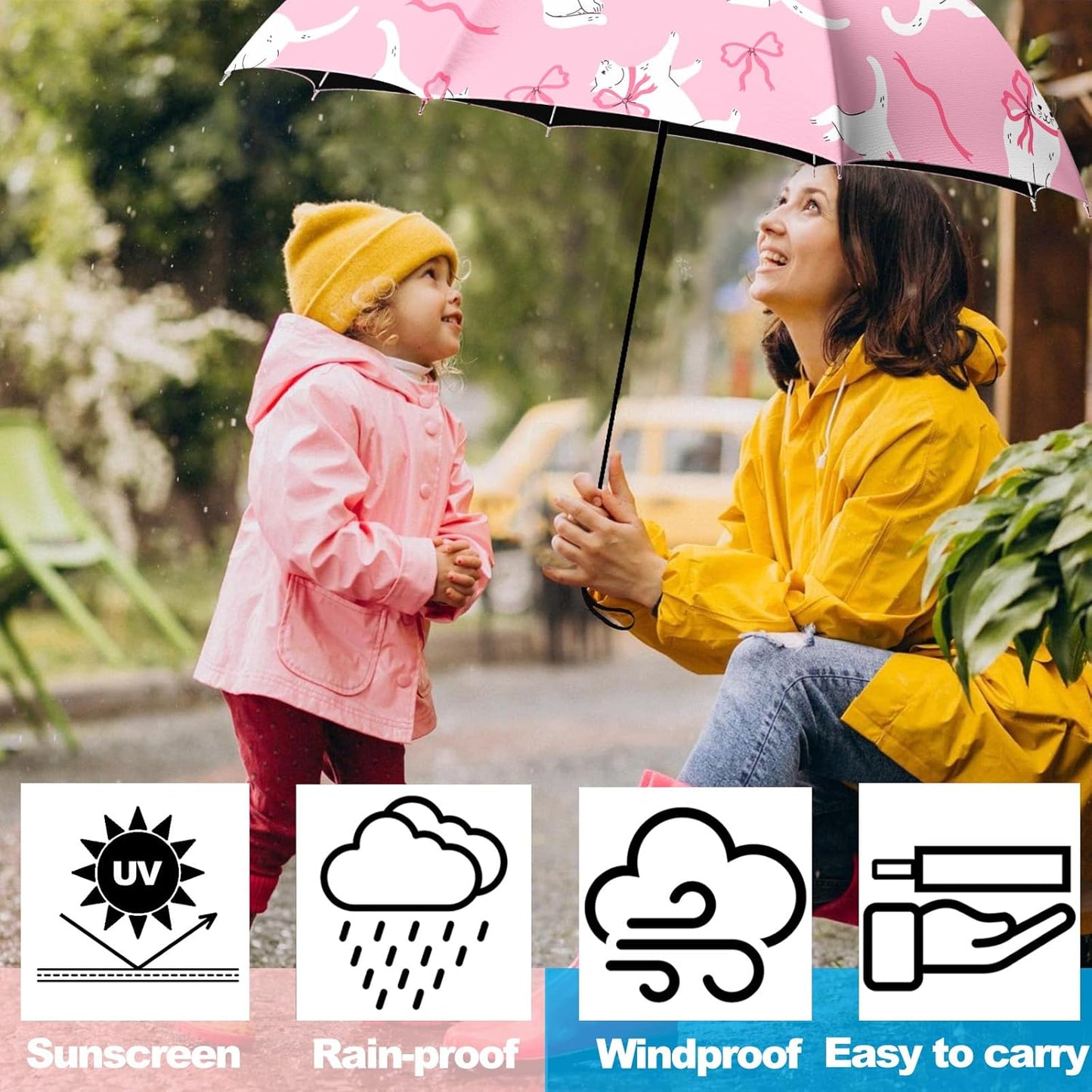Small Travel Folding Umbrella for Girl, Portable, UV, SunShade, Compact, Automatic, Rain & Wind