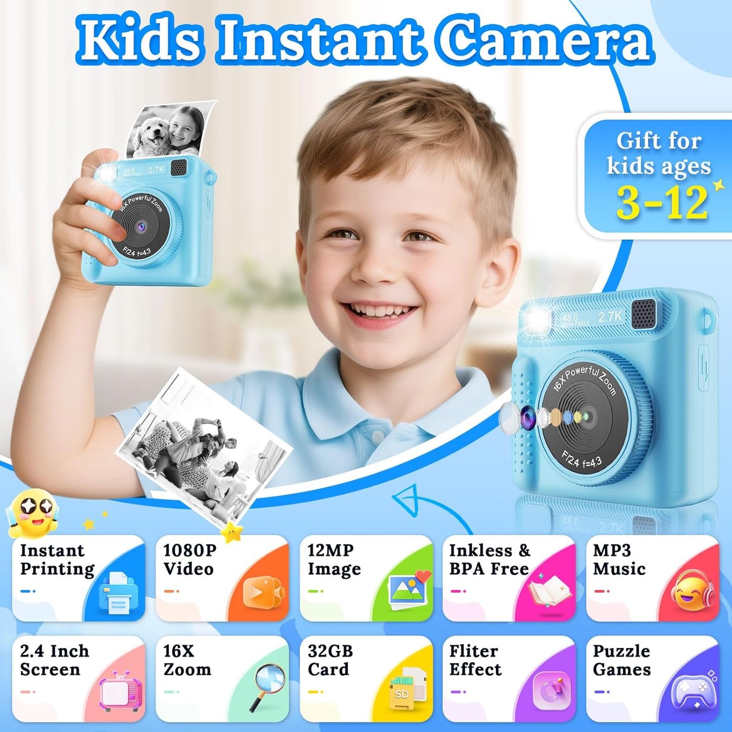 Instant Print Camera for Kids, Kids Cameras Ages 3-12, Digital Toy for Girls & Boys, Christmas and Birthday Gift, Portable HD Video Recorder with 32GB SD Card (Blue)