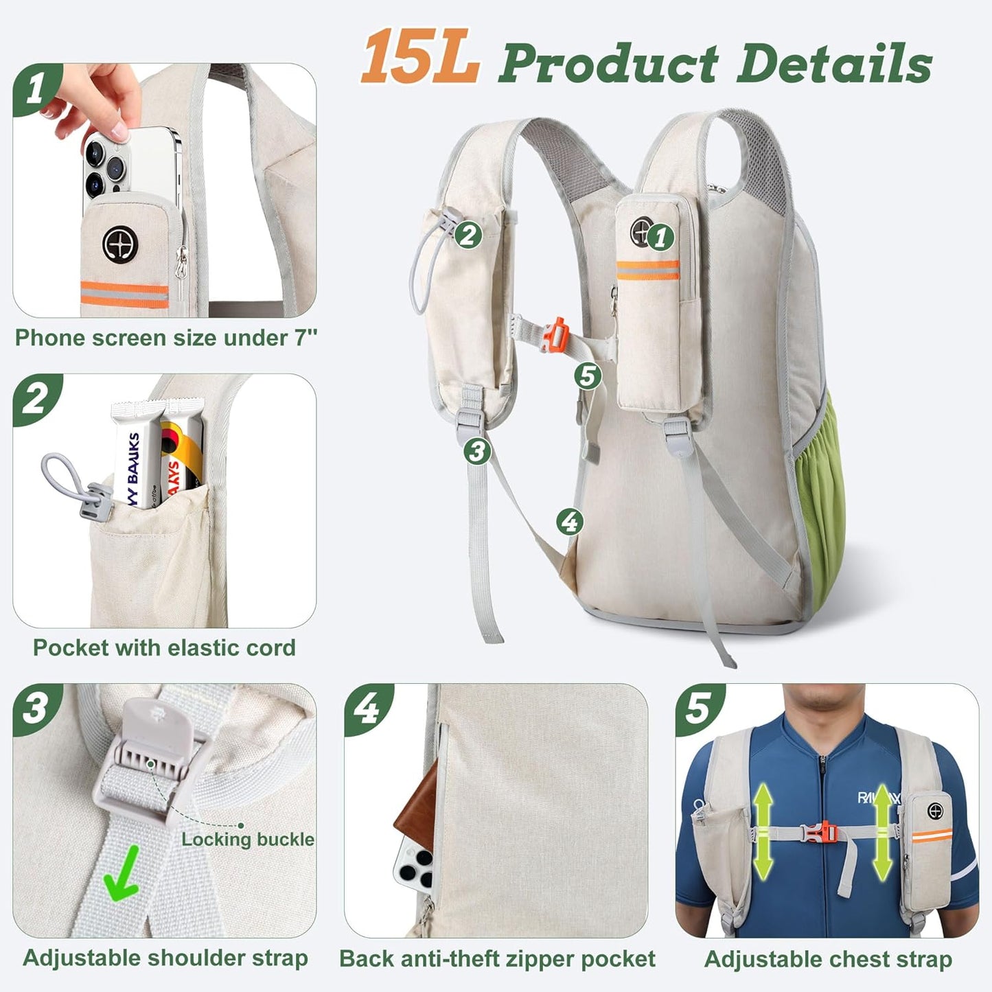 15L Small Hiking Backpack for Men Women Foldable Packable Back Pack Ultralight Hiking Daypack for Travel Camping Outdoor, Beige Green