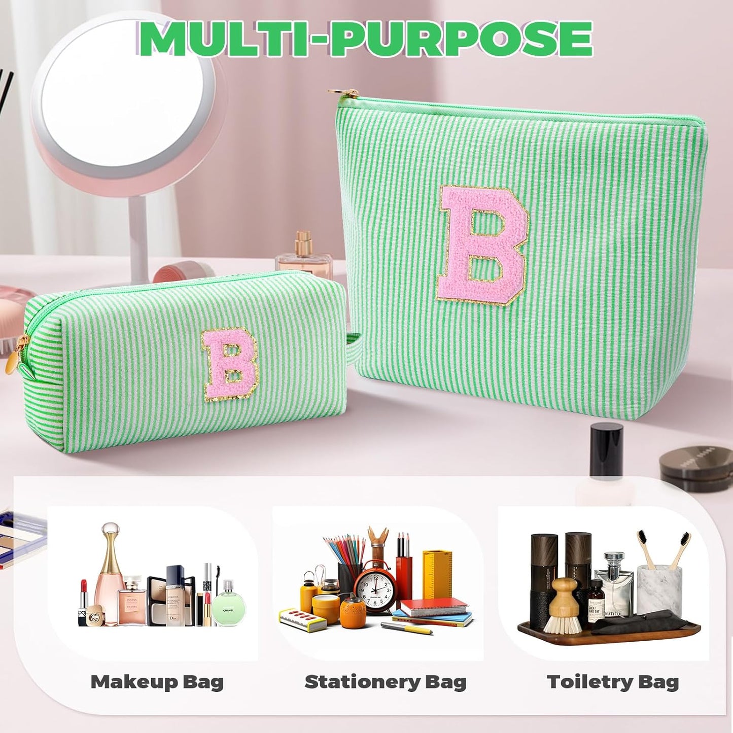Bridesmaid Gifts Wedding Day - Bridal Shower Gifts,Maid of Honor Gifts,Initials Makeup Bag Set Cosmetic Bag - Green,B