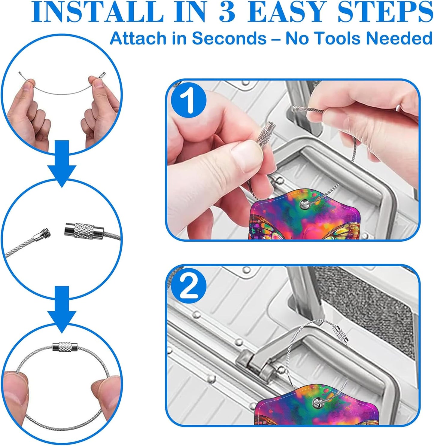 2 Pack Colorful Butterfly Luggage Tags PU Leather Suitcase Tags with Stainless Steel Loop Privacy Cover ID Label for Women Men Travel Bag Accessories