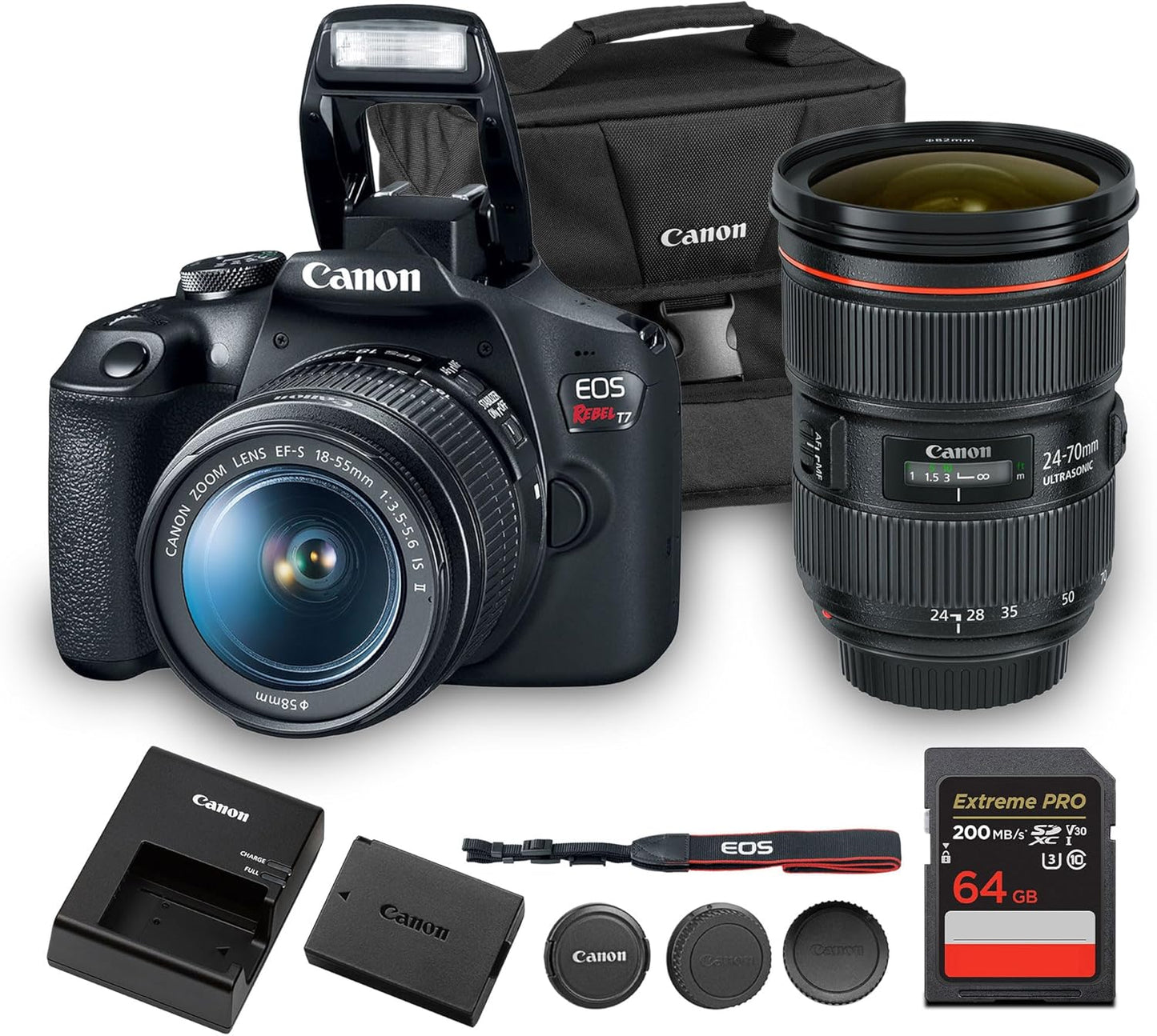 Canon EOS Rebel T7 DSLR Camera Kit | 24.1MP APS-C Sensor with EF-S 18-55mm Lens | Full HD 1080p Video Compact Beginner-Friendly Photography (2727C002) + Canon EF 24-70mm f/2.8L Lens + Bag + 64GB Card