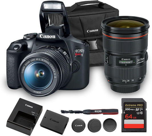 Canon EOS Rebel T7 DSLR Camera Kit | 24.1MP APS-C Sensor with EF-S 18-55mm Lens | Full HD 1080p Video Compact Beginner-Friendly Photography (2727C002) + Canon EF 24-70mm f/2.8L Lens + Bag + 64GB Card
