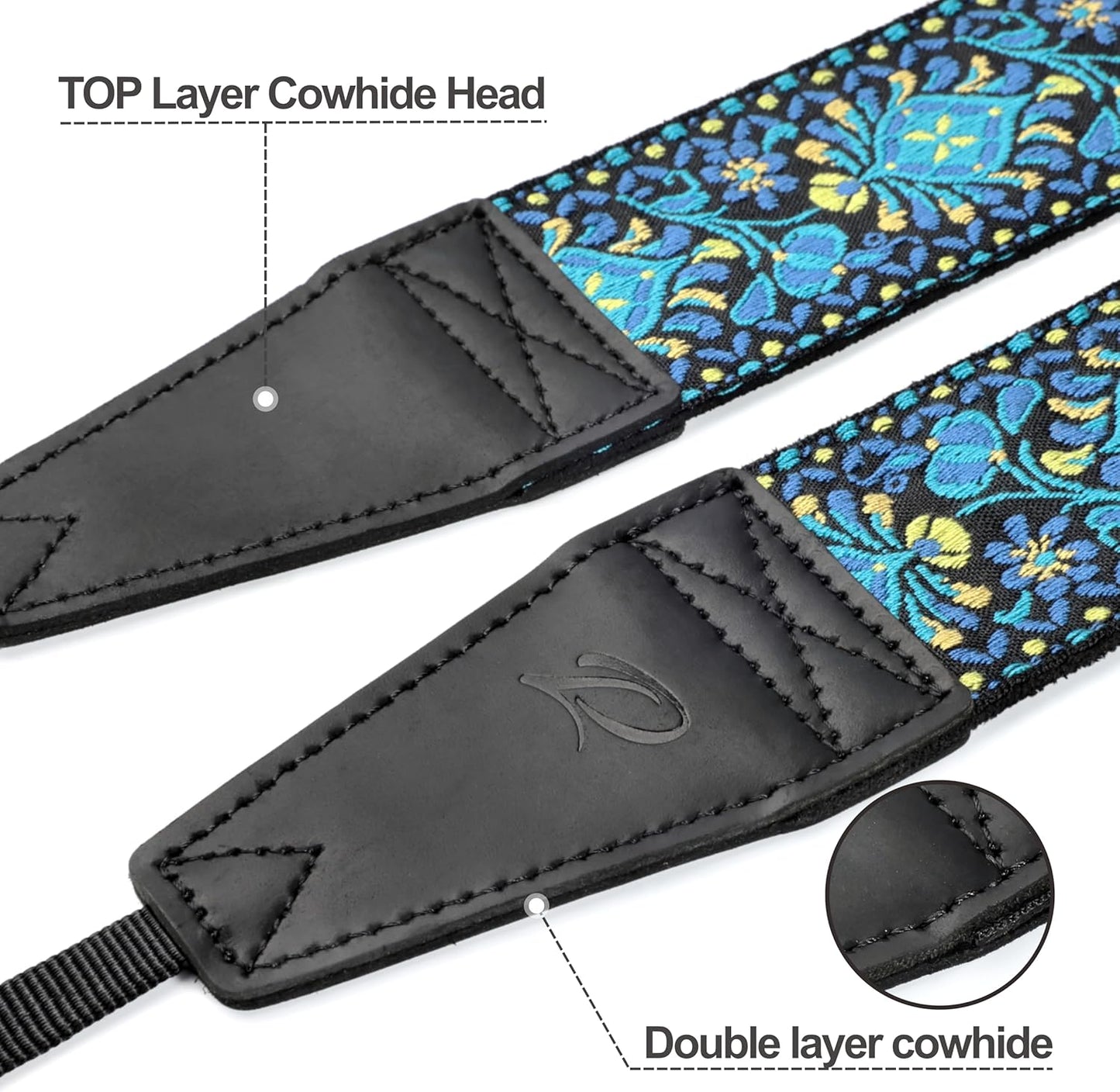 Padwa Lifestyle Camera Strap - 2" Full Grain Leather Ends Camera Straps for Photographers, Vintage Embroidered Cotton Weave Soft Suede Fabric Padded Strap Quick Release fits All Cameras