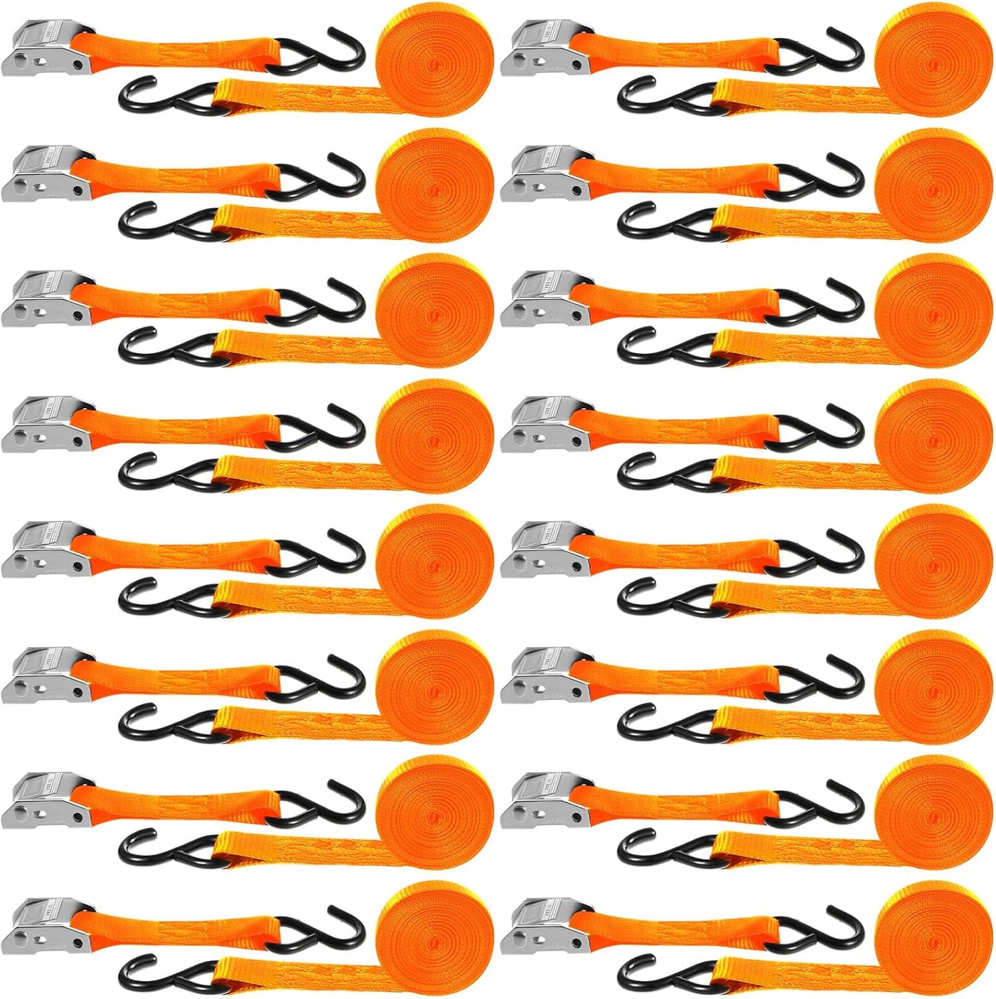 16 Pcs Cambuckle Tie Down Straps 1763lbs Break Strength Securing Straps 1'' x 15 ft Cambuckle Tie Downs with S Hook for Motorcycle, Kayak, Car, Truck, Boat Moving, Securing Cargo(Orange)