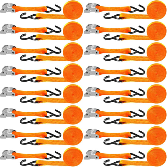 16 Pcs Cambuckle Tie Down Straps 1763lbs Break Strength Securing Straps 1'' x 15 ft Cambuckle Tie Downs with S Hook for Motorcycle, Kayak, Car, Truck, Boat Moving, Securing Cargo(Orange)