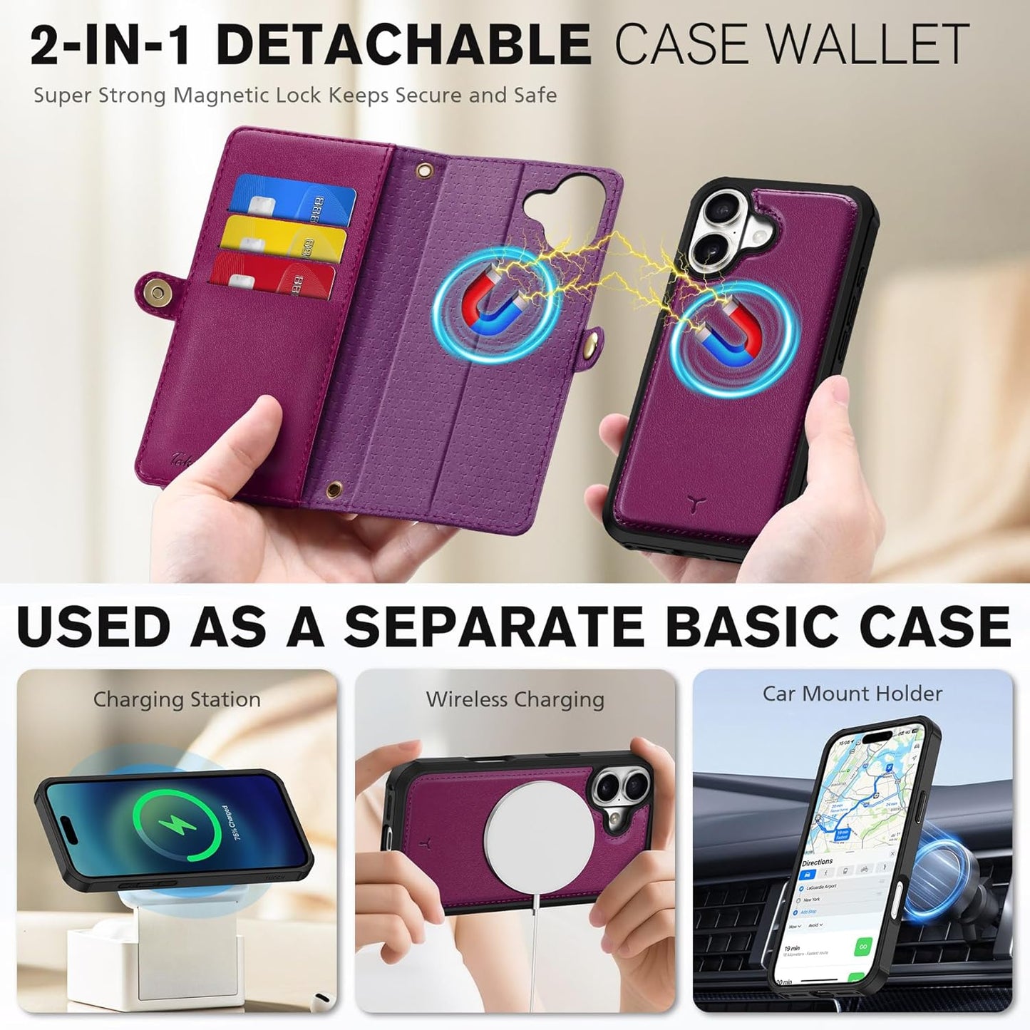 TUCCH Crossbody Detachable Wallet Case for iPhone 17 (6.3") 2025, 9 Card Holders RFID Blocking, Wireless Charging, Stand, Wrist Strap, Lanyard, Zipper Pocket, PU Leather Shockproof Cover, Plum Purple