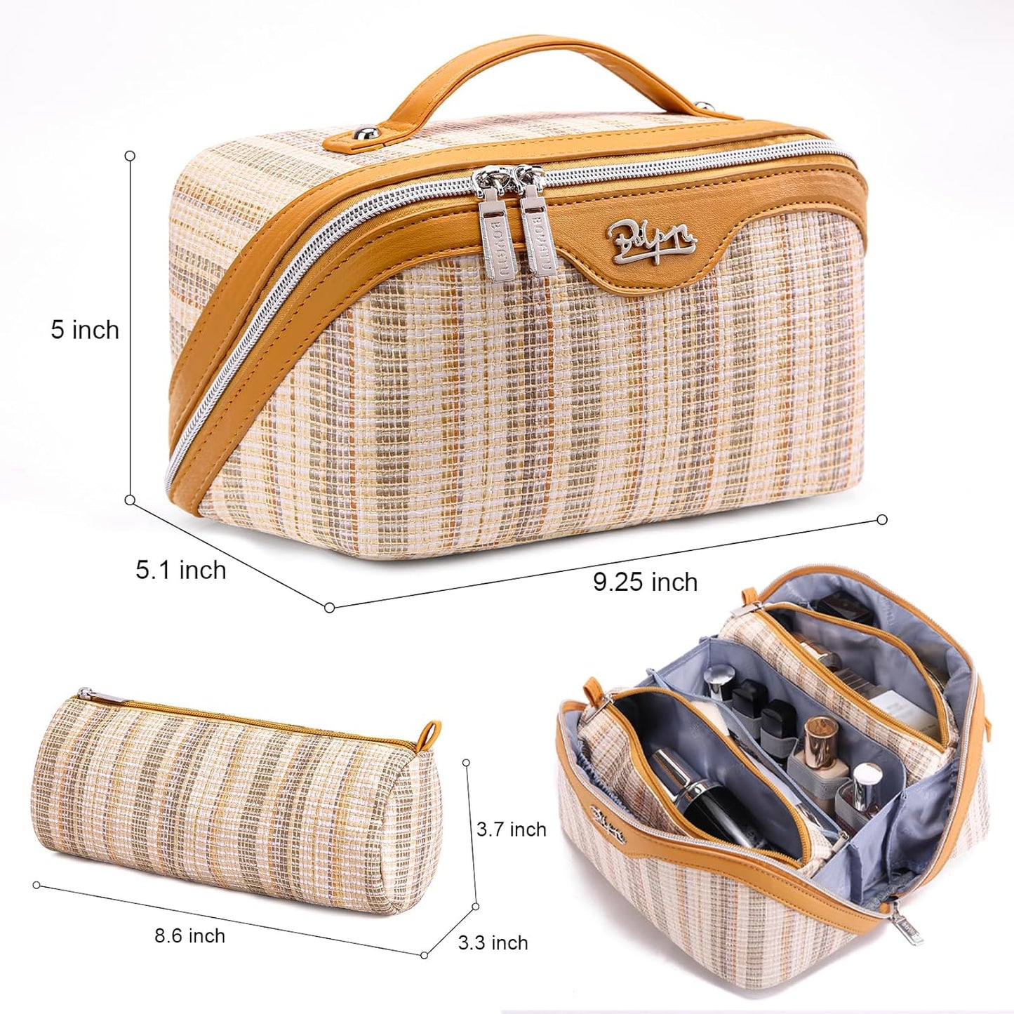 BOYATU Travel Makeup Bag for Women: Large Capacity Open Flat Make up Bag Set of 3 - Vegan Leather Cosmetic Bag with Compartments - Waterproof Toiletry Bag with Handle & Divider(I-4-Gold)