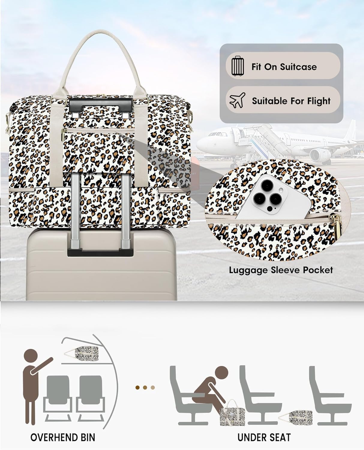 Travel Overnight Bag Weekender Bags: Large Duffle Bag Women with Shoe Compartment Carry on Overnight Bags with Toiletry Bag Gym Duffel Bag with Wet Pocket Hospital Bags for Labor and Delivery Leopard