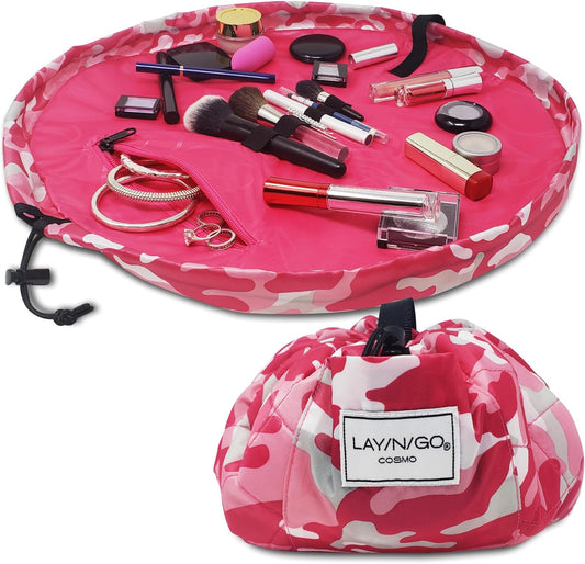 Lay-n-Go Cosmo Drawstring Cosmetic & Makeup Bag Organizer - Portable Drawstring Makeup Bag w/Zipper Pocket, Makeup Loops & More - Durable, Machine Washable Toiletry Sack for Travel (20", Pink Camo)