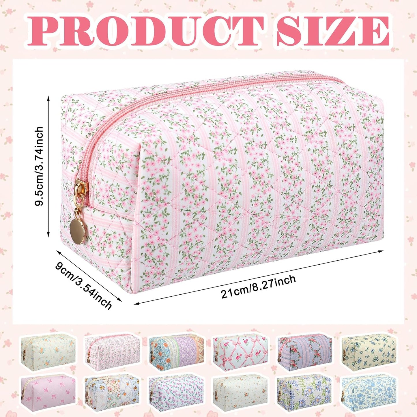 12 Packs Quilted Makeup Bag Flower Theme Toiletry Cosmetic Bag Aesthetic Makeup Pouch Floral Emergency Kit Pouch for Traveling
