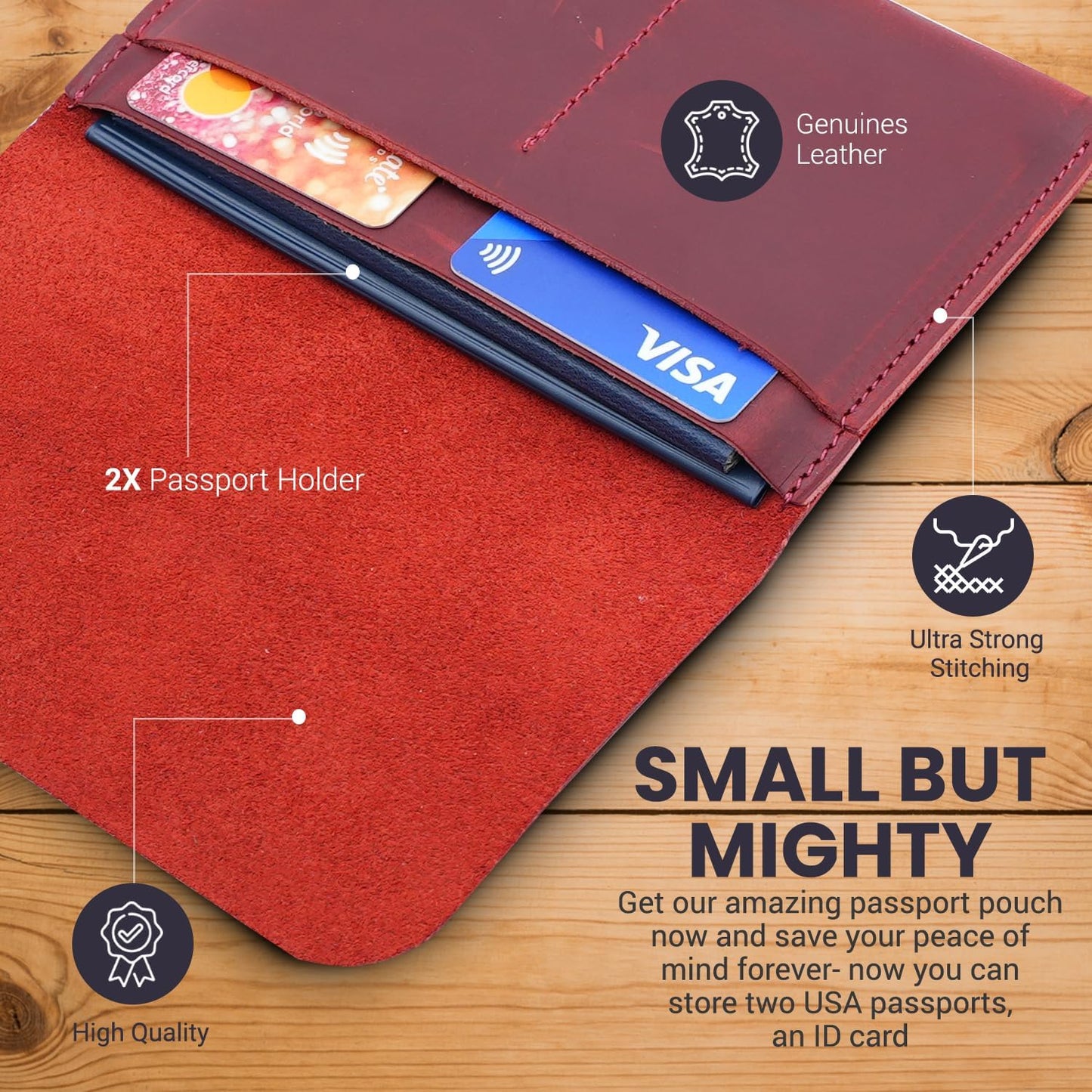 Leather Passport Holder with Travel Wallet, Genuine Leather Passport Cover- Passport Wallet, Leather Folding Wallet for Passports (Strap, Red)