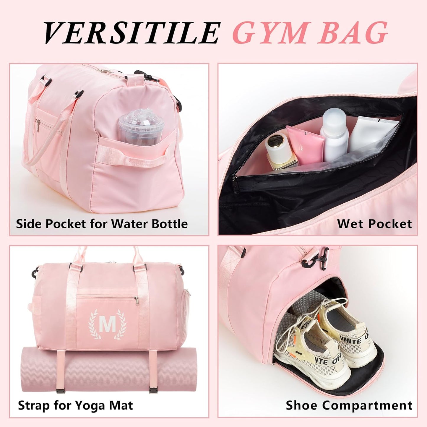 Gym Bag for Women, Fitness Workout Sports Travel Duffle Bag with Wet Pocket & Shoes Compartment, Great Present for Gym Lovers