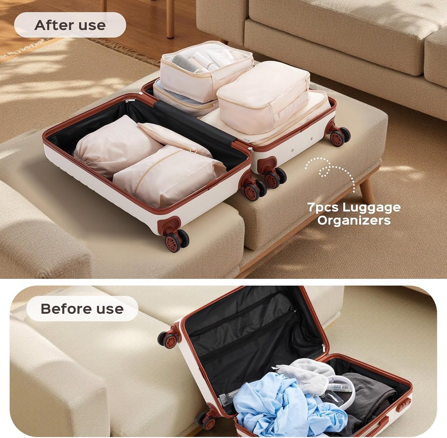 10 Piece Luggage Sets, 3 Piece Suitcase Set, 20 inch Carry on Luggage, 24 inch and 28 inch Checked Luggage with 7PC Packing Bags