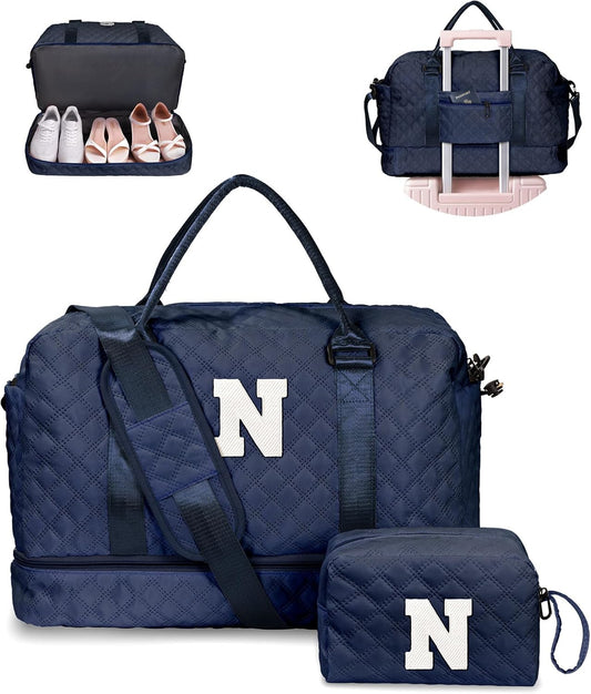 Birthday Gifts for 11 12 13 14 15 16 17 18 Year Old Girls-Initial Duffle Bag with Shoe Compartment, Personalized Weekender Bag, Monogram Overnight Bag, Travel Bag with Makeup Bag (Letter N)