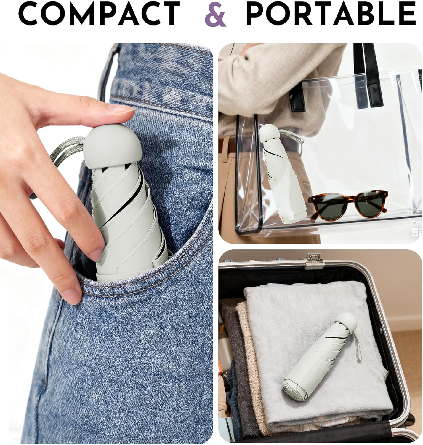 Travel Mini Umbrella Compact Small & Lightweight, UV Rain Protection, Pocket-Sized Folding Umbrellas with Quickdraw & Case for Men Women & Kids Backpack