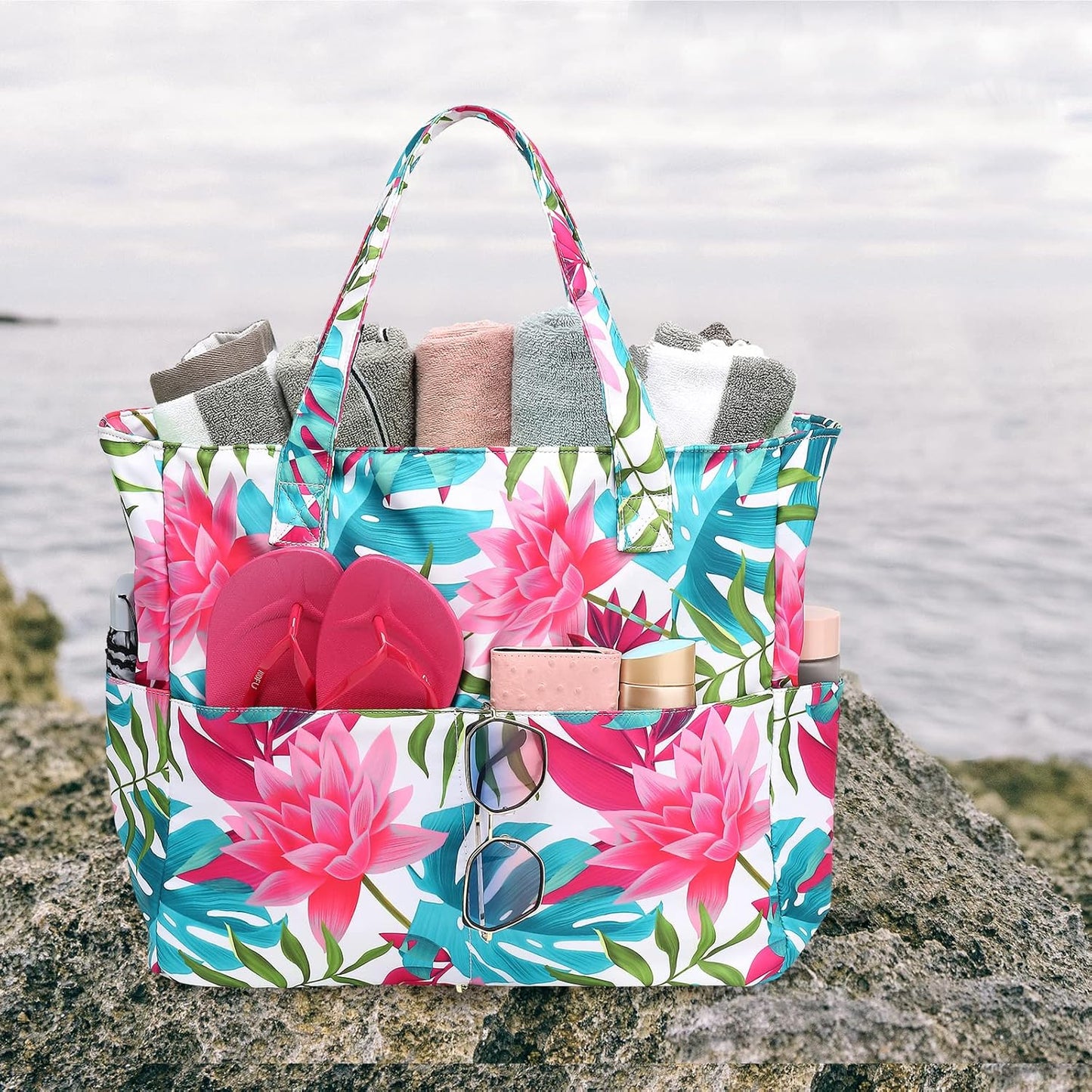 LEDAOU Large Beach Tote Bag Women Waterproof Sandproof Zipper Beach Tote Bag for Pool Gym Grocery Travel with Wet Pocket