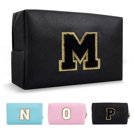 Personalized Initial A-Z Preppy Patch Makeup Bag,Small PU Chenille Letter Cosmetic Bag with Zipper for Teen Girls,Black Cute Toiletry Organizer Bag,Monogram Makeup Case Gift for Women Girls,Letter M