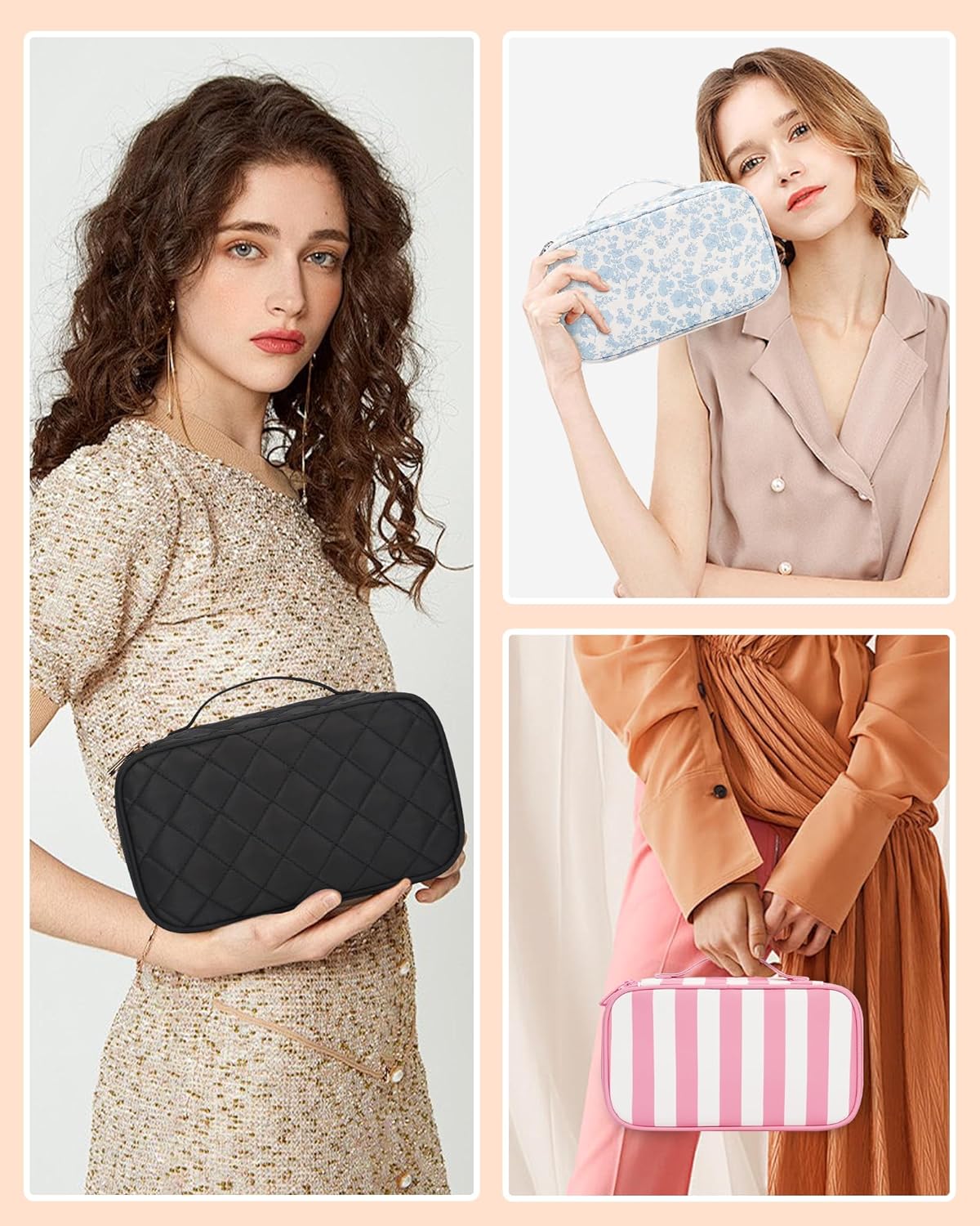 Relavel Makeup Bag, Small Makeup Bag for Women, Travel Cosmetic Bag, 2 Layers Waterproof Makeup Organizer Storage with Makeup Brush Holder, Black