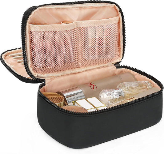 Relavel Makeup Bag Small for Women, Portable Cute Travel Cosmetic Bag, 2-Layers Design with Makeup Brush Compartment for Girls, Preppy Make Up Organizer for Travel Essentials Toiletries, Black