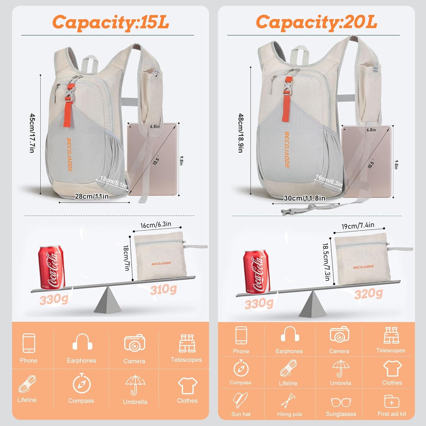 15L Small Hiking Backpack for Men Women Foldable Packable Back Pack Ultralight Hiking Daypack for Travel Camping Outdoor, Beige