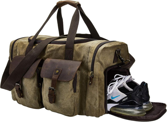 Men's Waxed Canvas Vintage Overnight Duffel Weekend Bag with Shoes Compartment (Khaki)