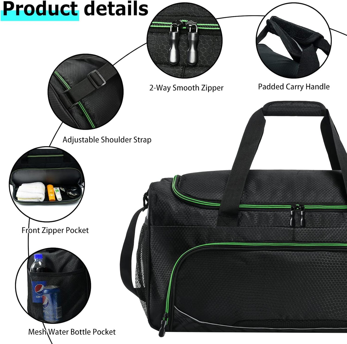Mens Gym Bag 21 inch Large Overnight Weekender Duffle Bag for Travel Sport-Green/Black