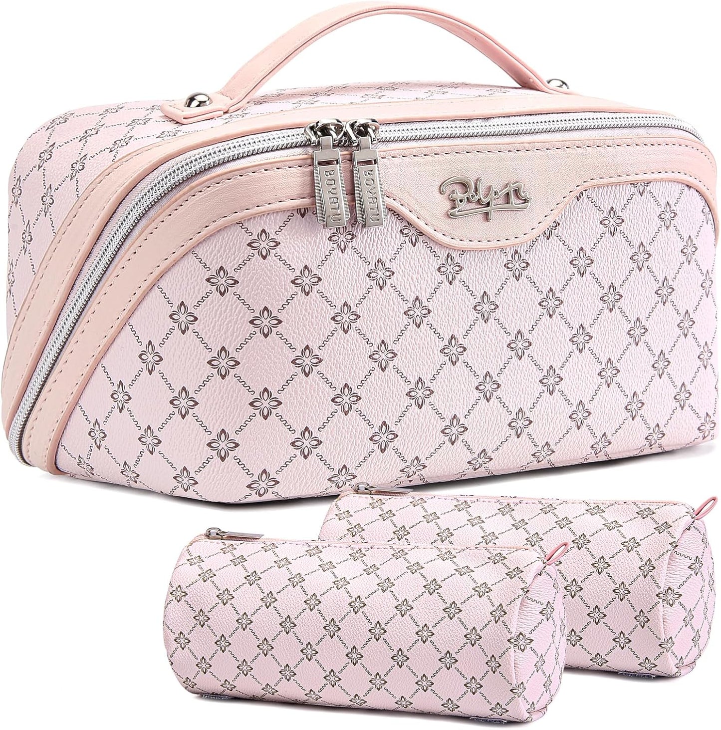 BOYATU Travel Makeup Bag Cosmetic Bags for Women: 3 Pcs Set Portable Make up Bag with Handle - Vegan Leather Toiletry Bags with Compartments - Makeup Organizer for Travel Essentials(A-2-Pink)