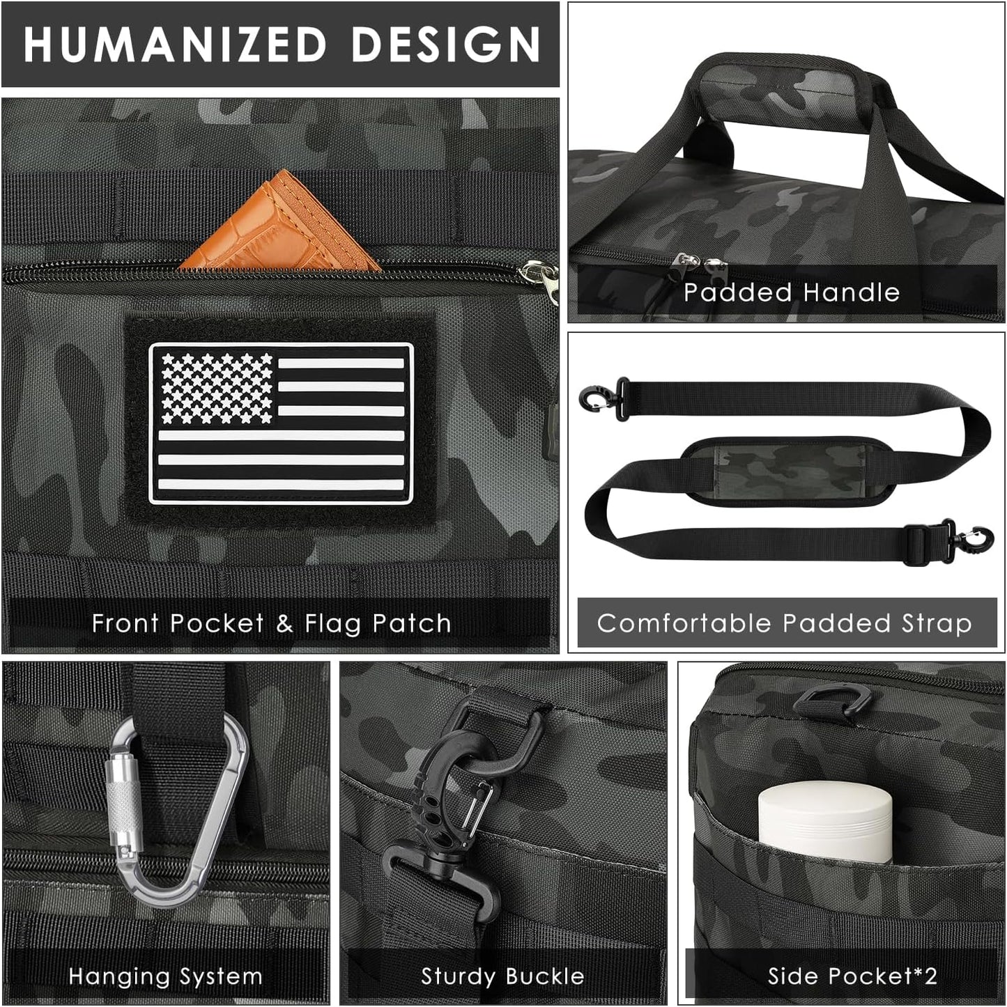 ETRONIK Travel Bag for Men Women, Gym Bag & Tactical Duffle Bags for Travel, Carry on with Toiletry Bag and Shoe Compartment, Weekender Overnight Trip with Wet Pocket for Workout Medical, Black Camo