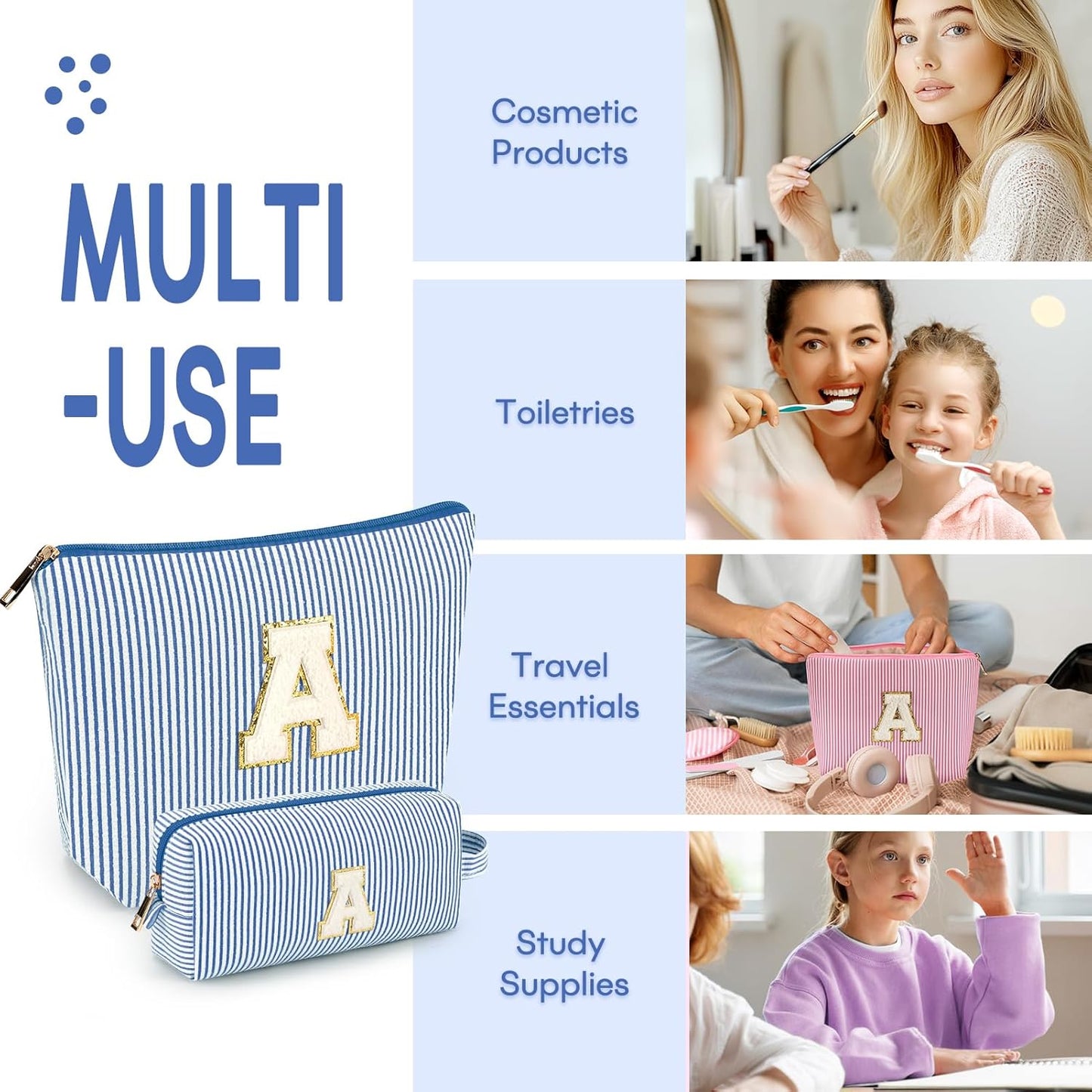 2 PCS Initial Makeup Bags for Women: Cosmetic Bag for Travel Toiletry - Birthday Gifts for 11 12 13 14 15 16 17 18 Years Old Girl Graduation Teacher Gift- Teen Girl Gifts Trendy Stuff - Blue S