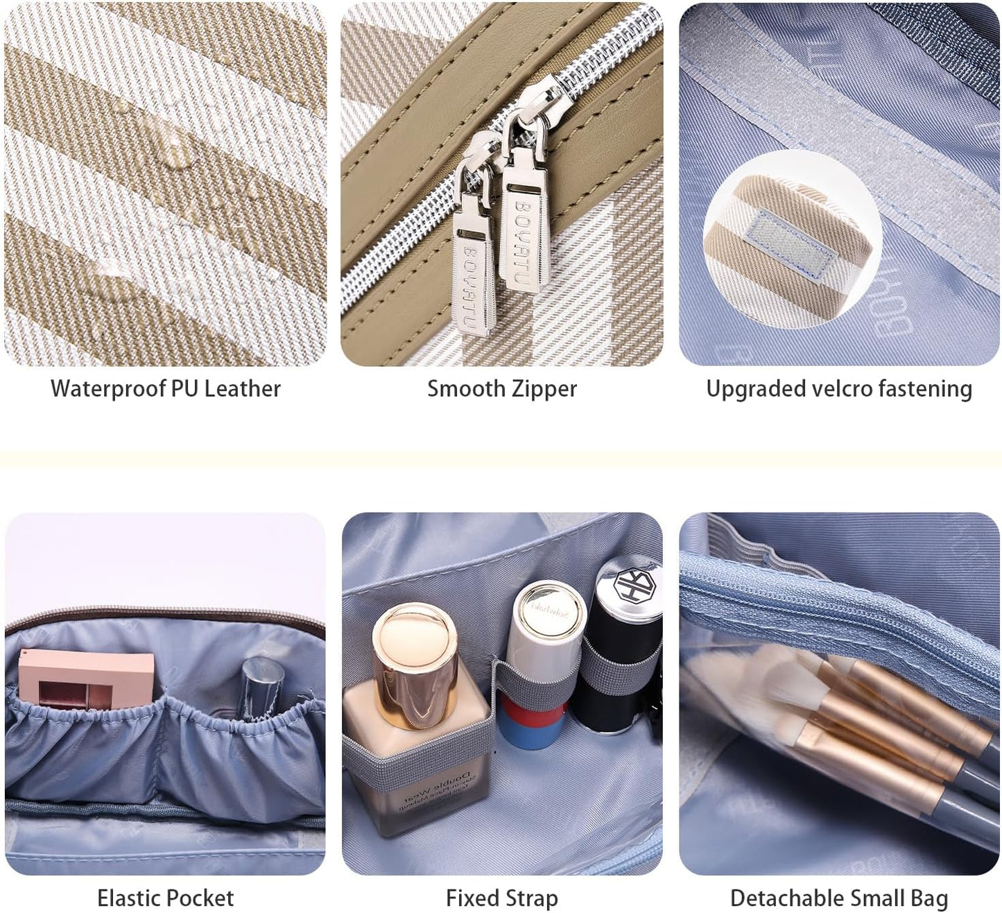 BOYATU Travel Makeup Bag for Women: Large Cosmetic Bag Set of 3 - PU Leather Make up Bag with Compartments - Compact Waterproof Toiletry Bag with Divider & Handle (B-7-Apricot)