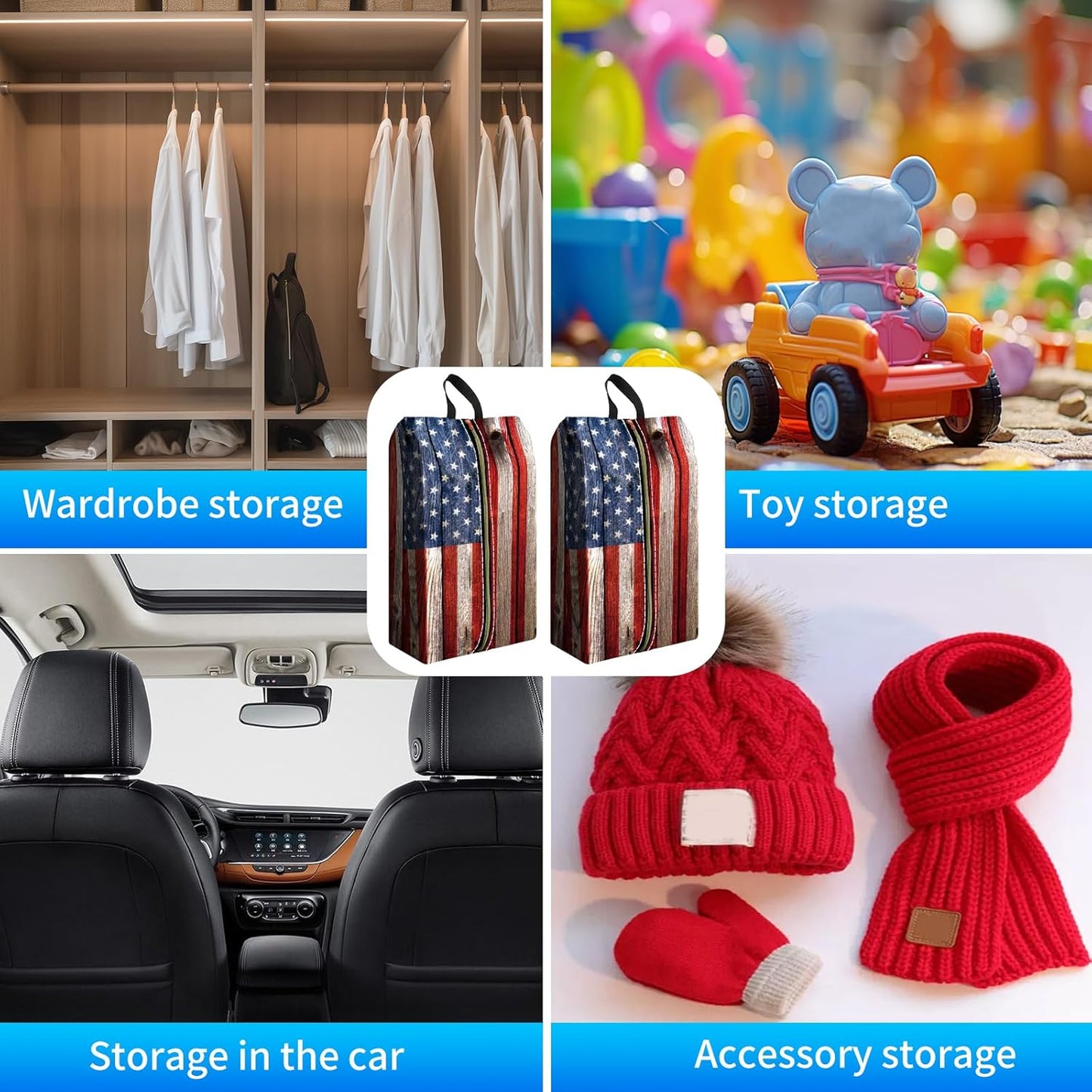 2pcs Shoe Organizer for Travel, Packing Shoe Travel Bags, Cute Shoe Bag with Zipper & Handle, Portable Travel Essentials for Women and Men USA Flag