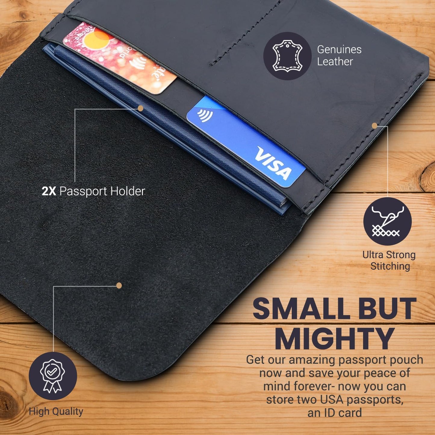 Leather Passport Holder with Travel Wallet, Genuine Leather Passport Cover- Passport Wallet, Leather Folding Wallet for Passports (Strap, Black)