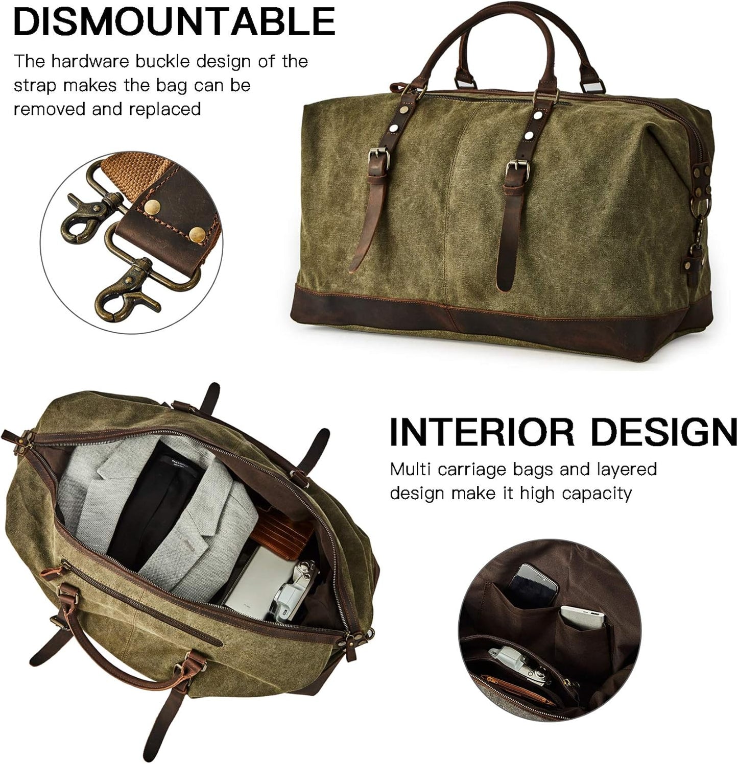 Oversized Canvas Genuine Leather Trim Travel Tote Duffel Shoulder Weekend Bag Weekender Overnight Carryon Handbag