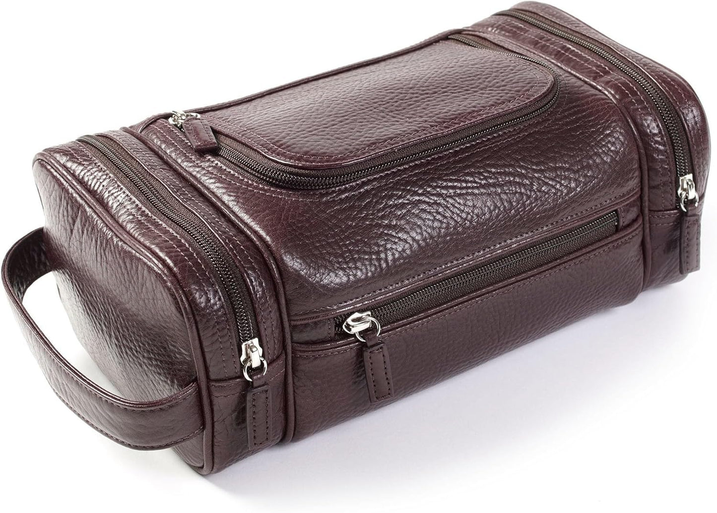 Leatherology Premium Espresso Multi Pocket Toiletry Bag - Main top zippered compartment with additional side and front zippered pockets