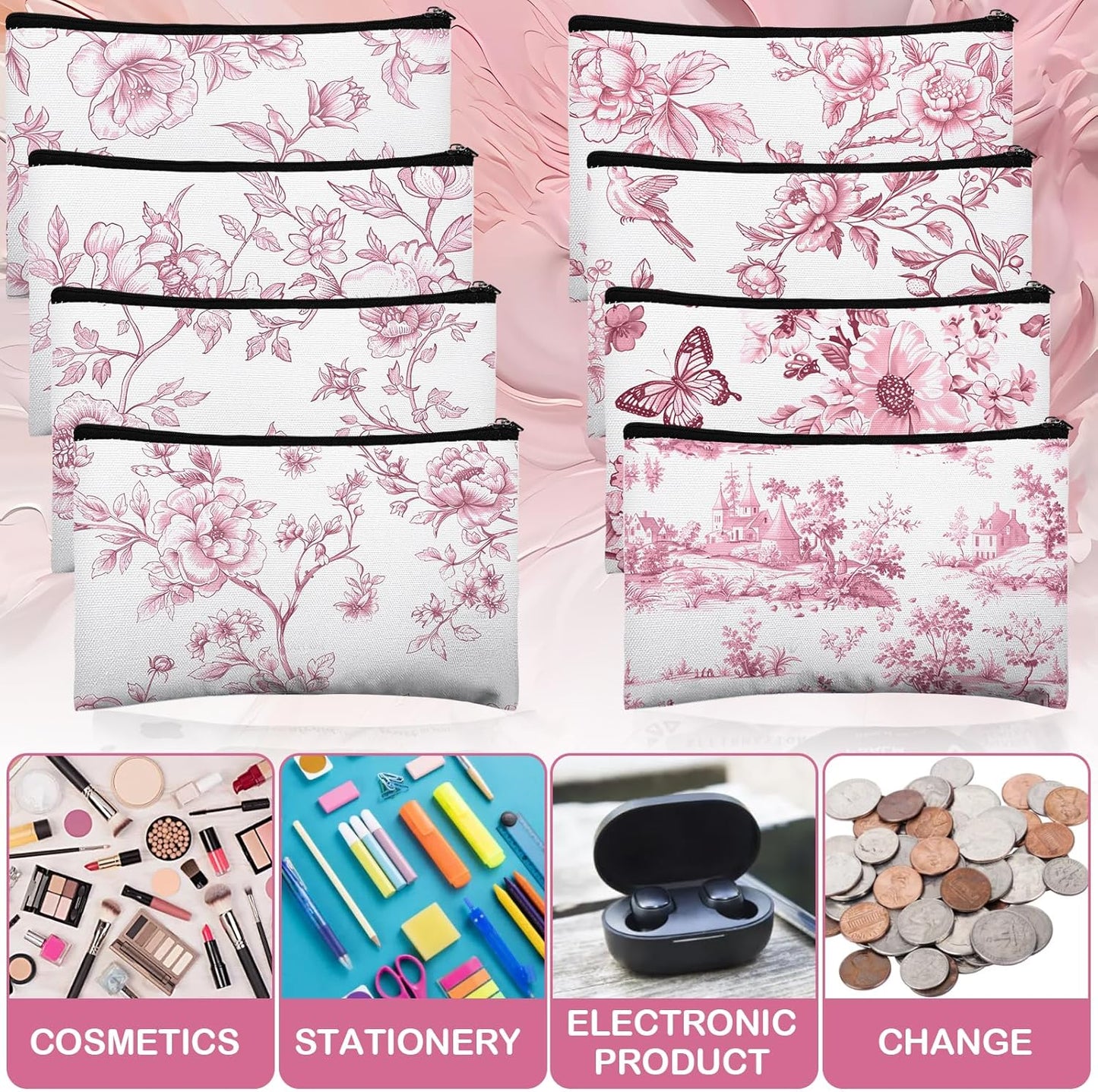 24 Pcs Floral Cosmetic Bags Bulk for Women Pink and White Floral Makeup Bags Chinoiserie Canvas Travel Zipper Pouches Aesthetic Toiletry Bag for Girls Bridesmaids Wedding Supplies