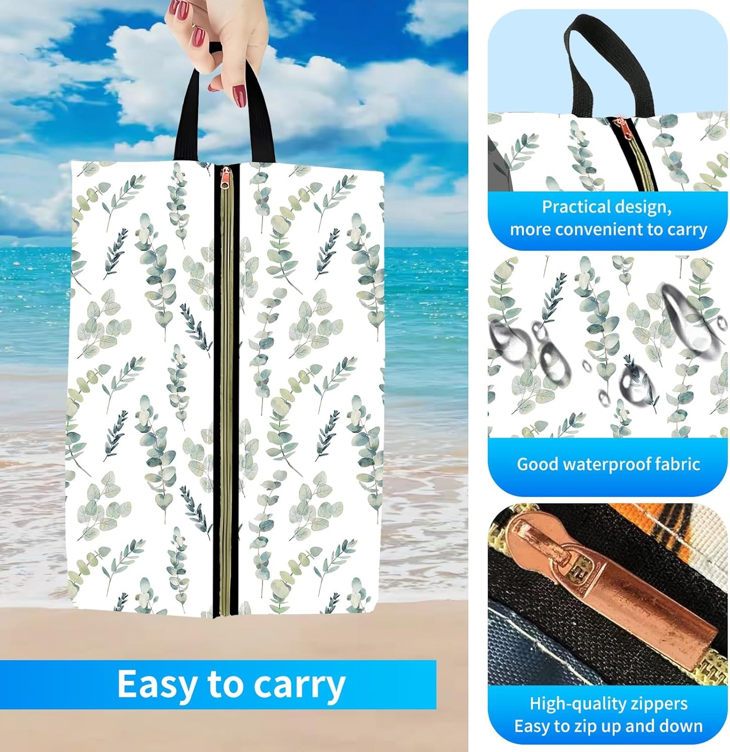 2pcs Shoe Organizer for Travel, Packing Shoe Travel Bags, Cute Shoe Bag with Zipper & Handle, Portable Travel Essentials for Women and Men Watercolor Green Leaf