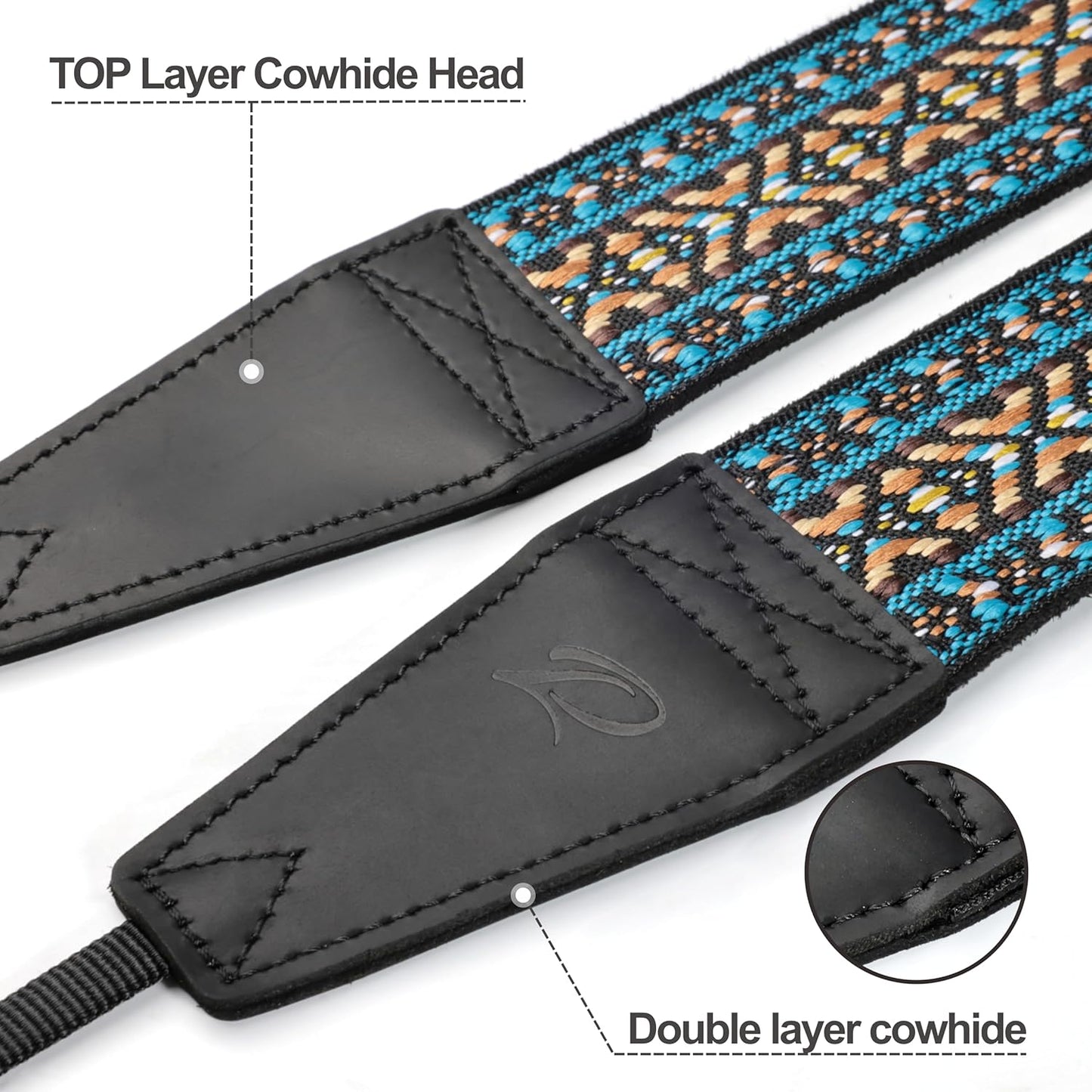 Padwa Lifestyle Boho Blue Camera Strap - 2" Full Grain Leather Ends Camera Straps for Photographers, Vintage Embroidered Cotton Weave Soft Suede Fabric Padded Strap Quick Release fits All Cameras