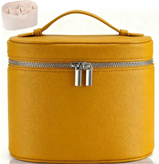Leather Make Up Bags With Compartments, Brown travel Cosmetic Bags for Women, Parallel Makeup Travel Bags Organizer Equipped With a Detachable Divider (yellow)