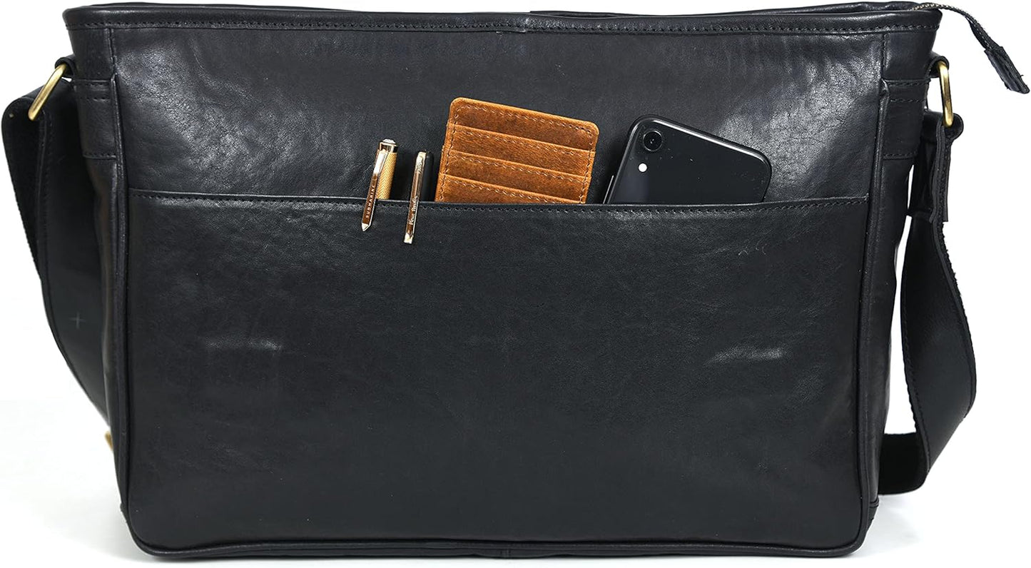 16" Crossbody Bag Leather Laptop Messenger Bag For Men with trolley sleeve for school office (Hickory)