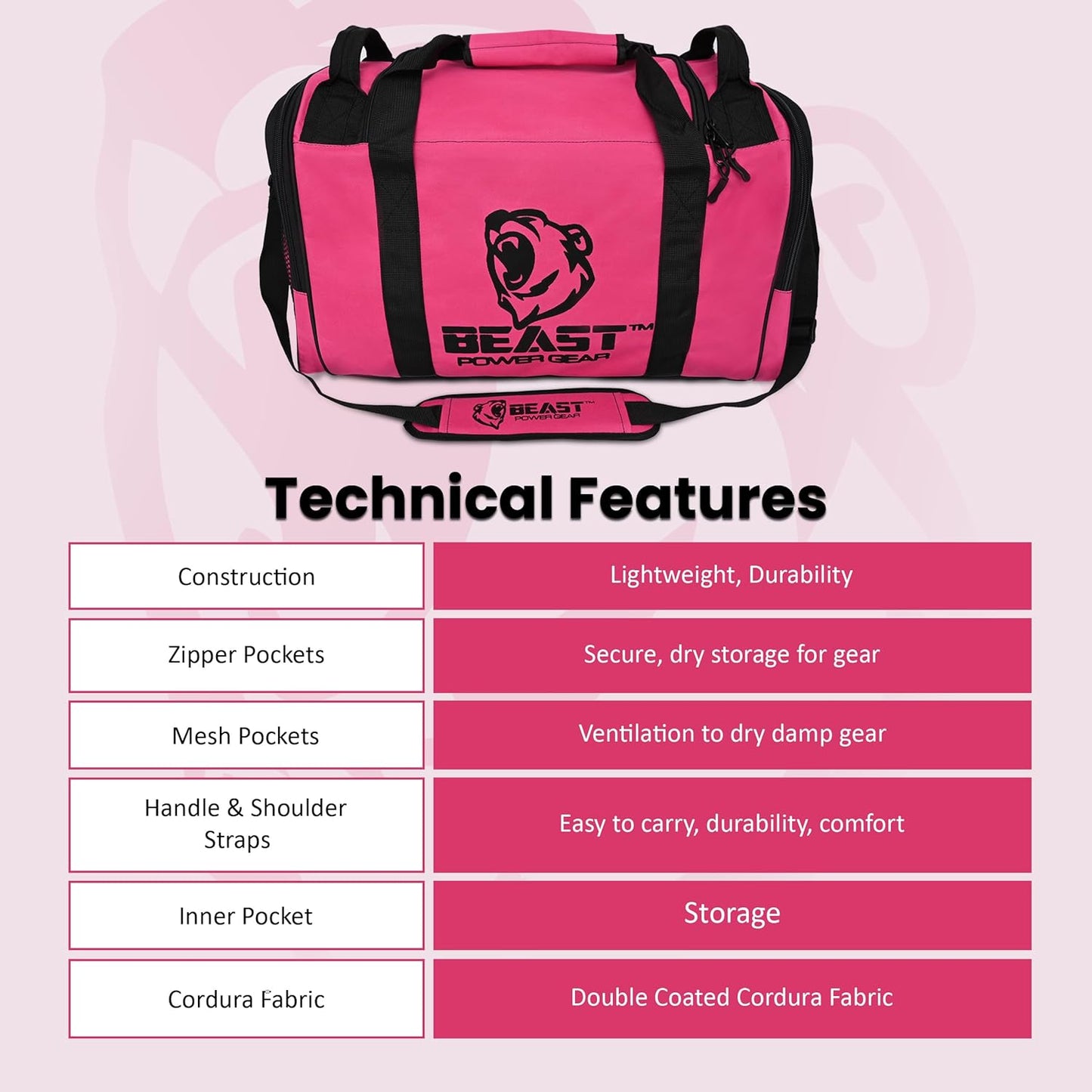 Beast Power Gear Gym Duffle Bag- Workout, Boxing, MMA, Sports Bag with Shoes Compartment and Adjustable Shoulder Strap for Men and Women (Pink/Black)
