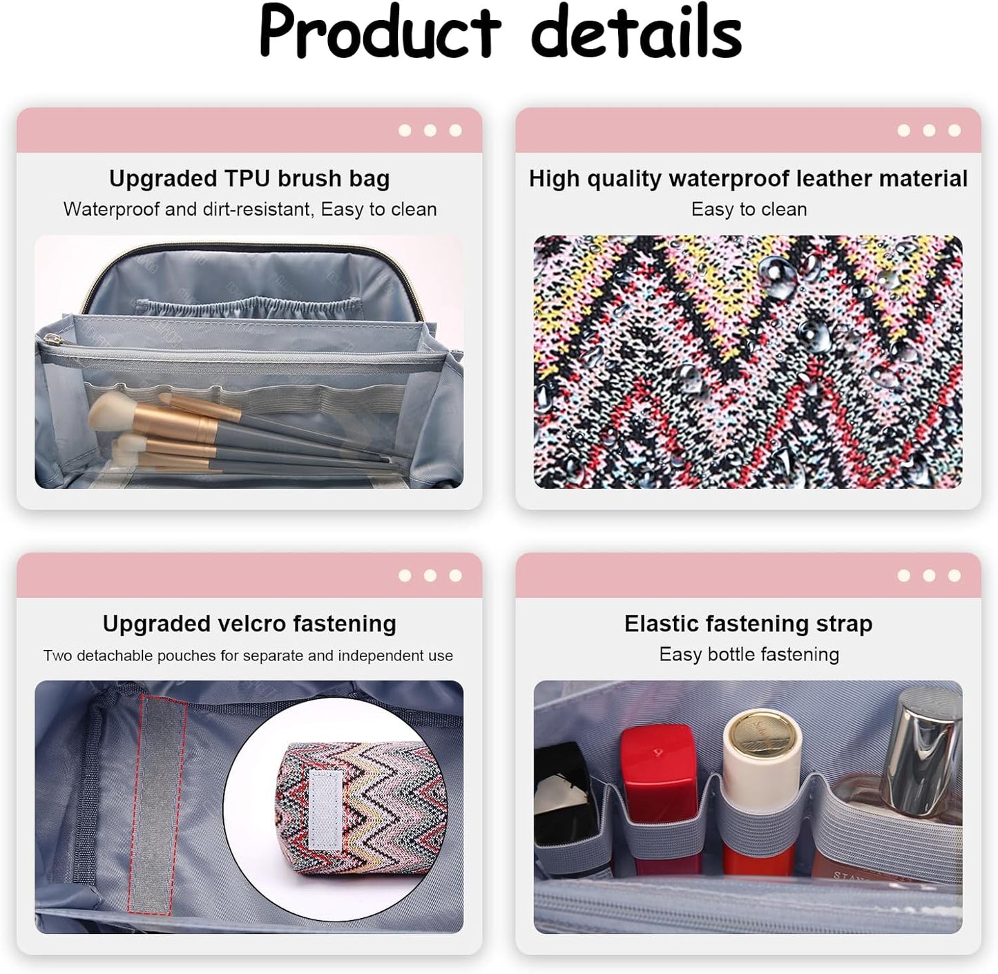 BOYATU Travel Makeup Bag for Women: Western Boho Make up Bag Set of 3 - Large Capacity Vegan Leather Cosmetic Bag - Waterproof Toiletry Bag with Compartments & Handle & Divider(J-1-Pink)