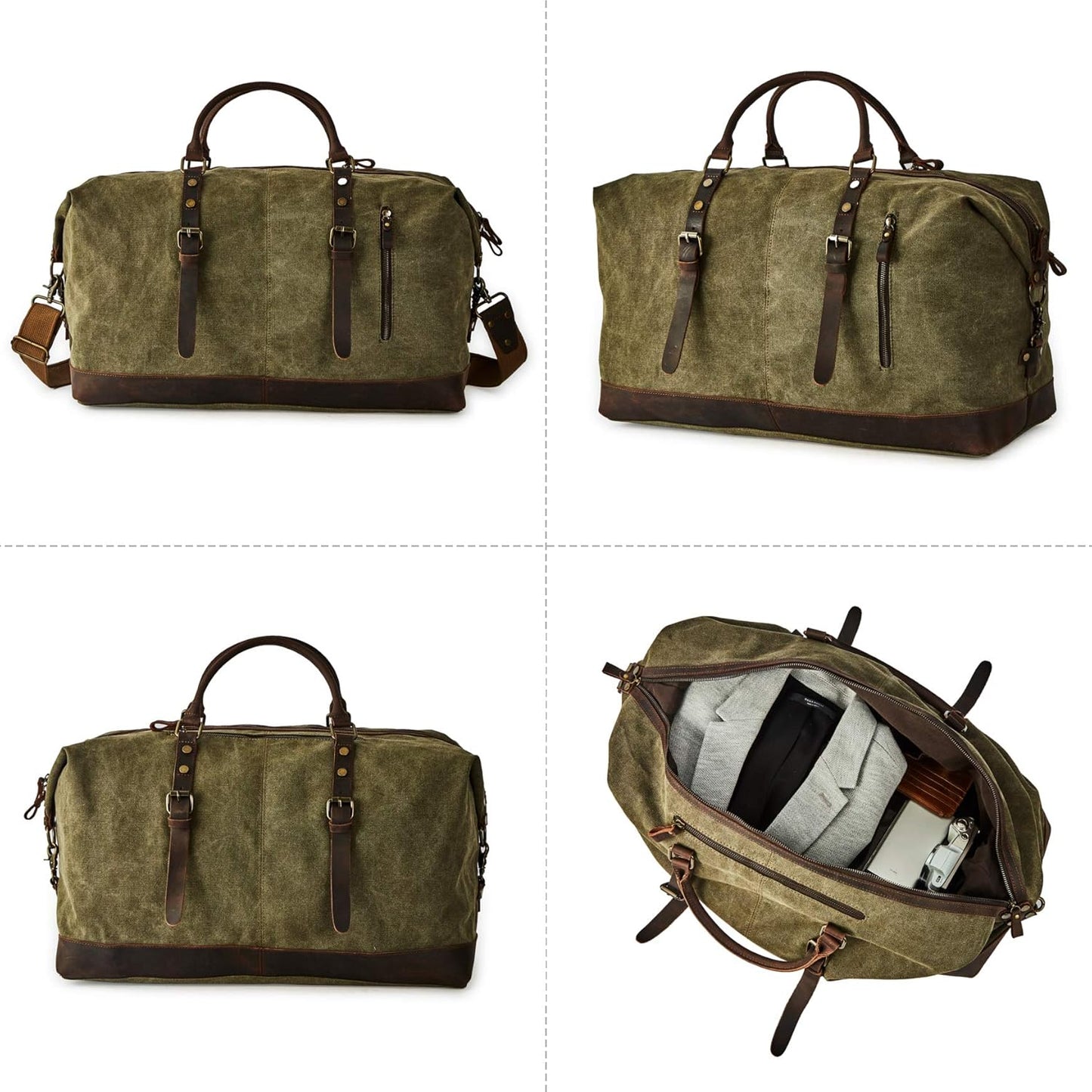 Oversized Canvas Genuine Leather Trim Travel Tote Duffel Shoulder Weekend Bag Weekender Overnight Carryon Handbag