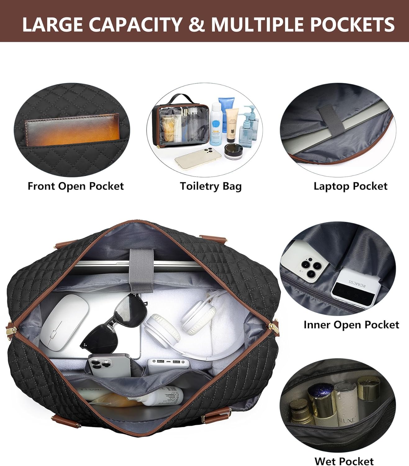 Travel Weekender Bags for Women Duffle - Carry on Overnight Bag with Shoe Compartment & Toiletry Gym Duffel Bags with Wet Pocket Hospital for Labor and Delivery Black Brown