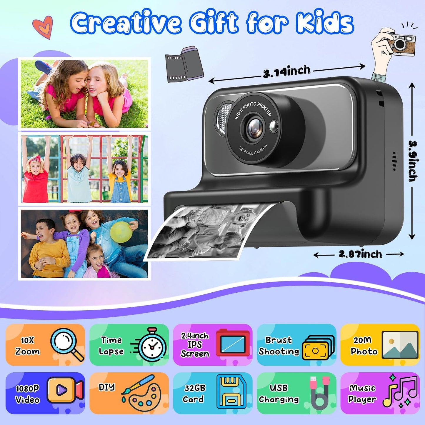 Kids Camera Instant Print, Christmas Birthday Gifts for Girls and Boys, Kids Camera 1080P HD Video Digital Camera, Toddler Toy for 3-12 Years Old, Black