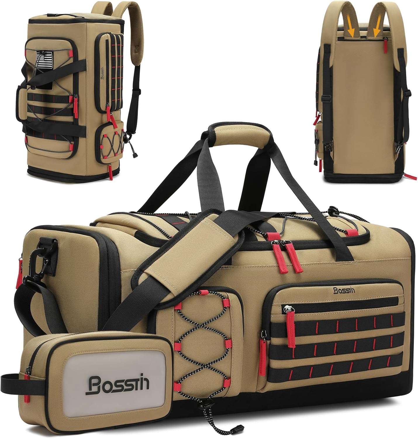 Bosstin Gym Bag for Men & Women,45L Travel Duffle Sports Duffel Bag Gym Weekender Overnight Backpack with Shoe Compartment (Khaki)