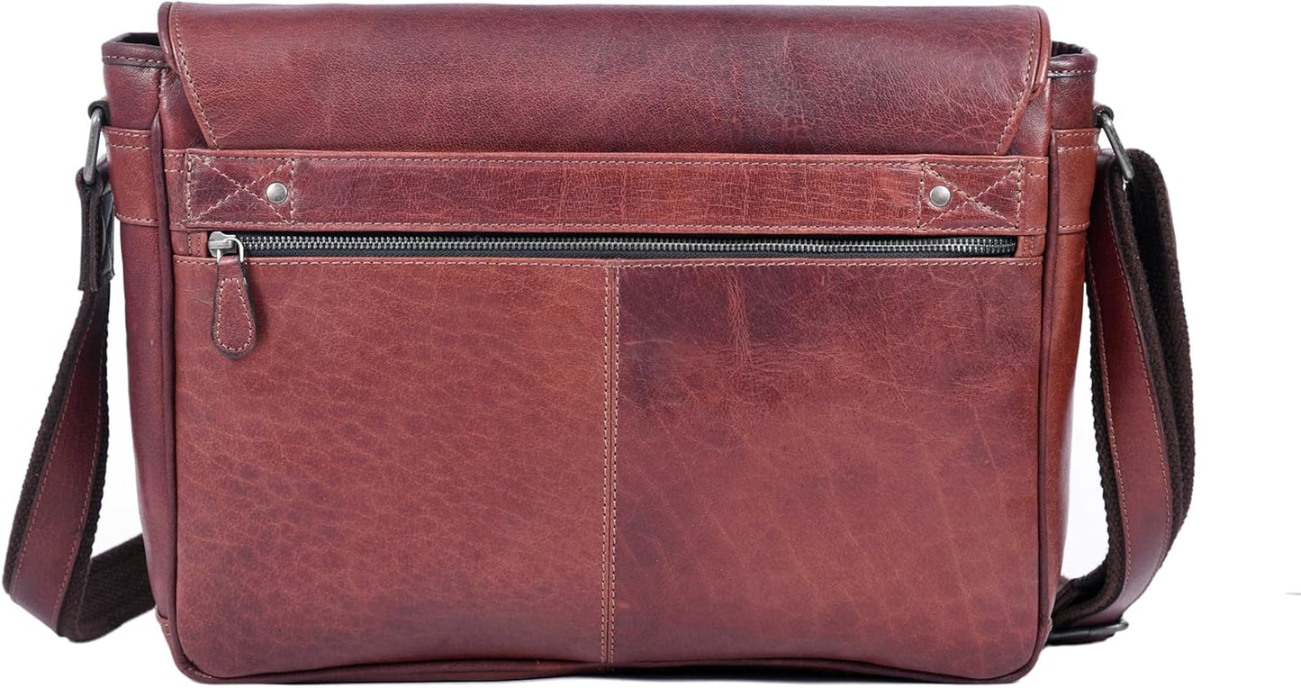 16" Crossbody Bag Leather Laptop Messenger Bag For Men with trolley sleeve for school office (Dark Brown)